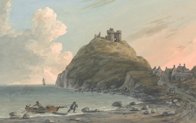 Ruinen von Cricceith Castle und ein Teil der Stadt an der Bucht von Cardigan. Ostansicht, Carnarvonshire von John Warwick Smith